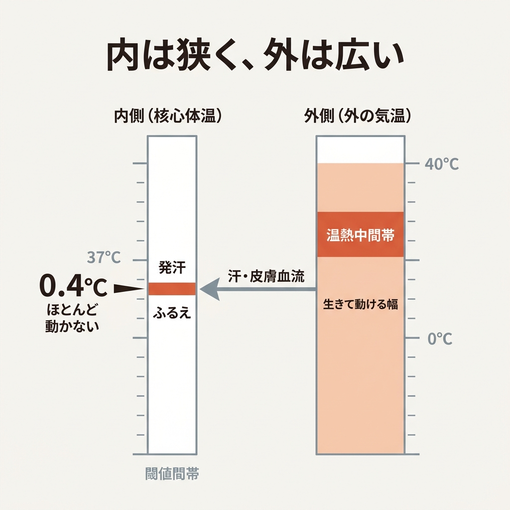 内は狭く、外は広い。核心体温の狭い帯(閾値間帯・約0.4℃)と、外気温に対する広い対応幅を並べた図。